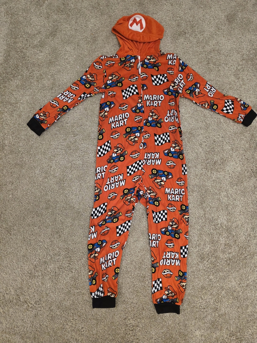 Kids Super MarioKart Orange Hooded One-Piece Sleeper Sz 8